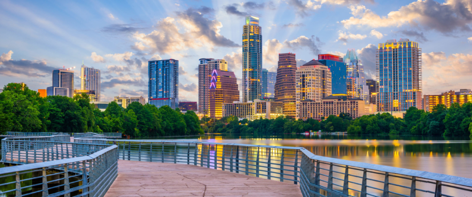 Austin, Texas, USA downtown skyline over the Colorado River.