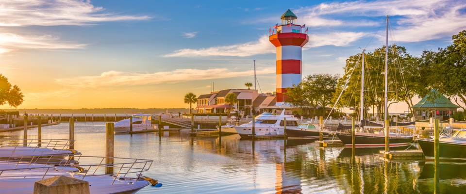 Hilton Head, South Carolina, lighthouse at dusk.